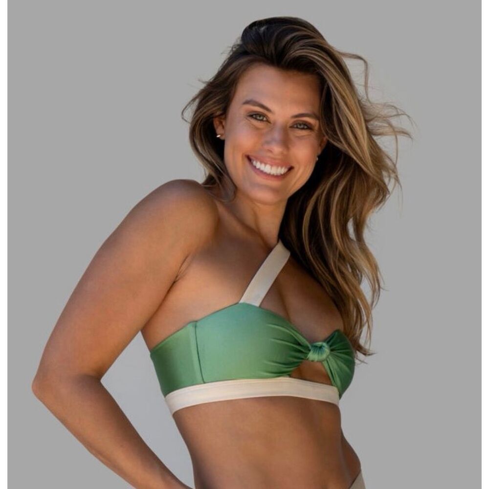 WET Swim Jade One Shoulder Bikini Top L Green Ivory Colorblock NWT NEW